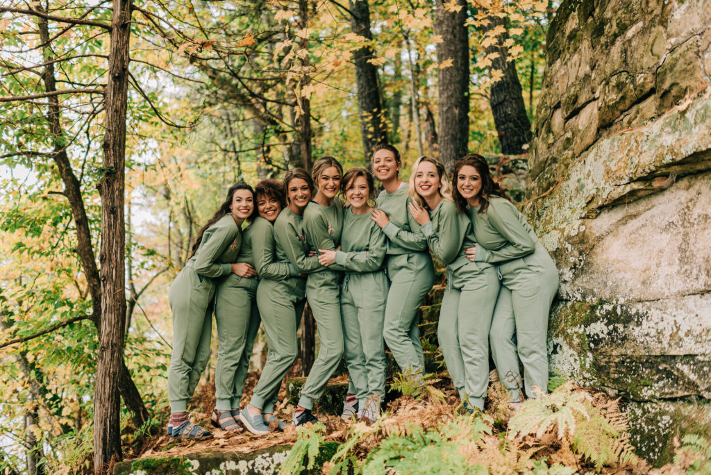 bridesmaids sage green sweatsuits woodland
