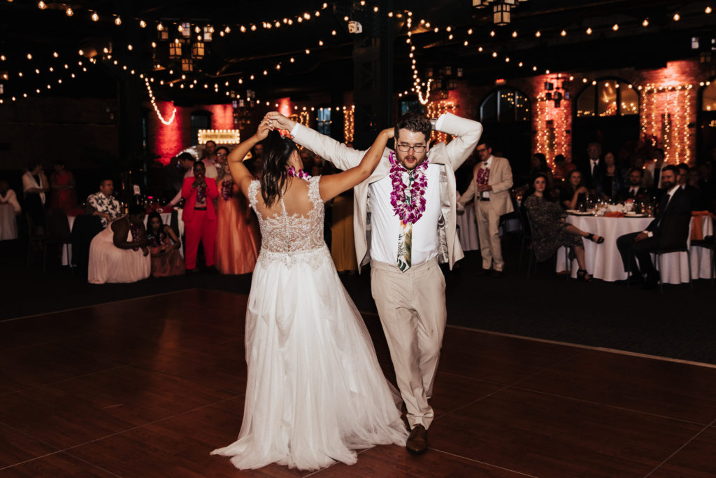 bride and groom first dance tropical wedding lei