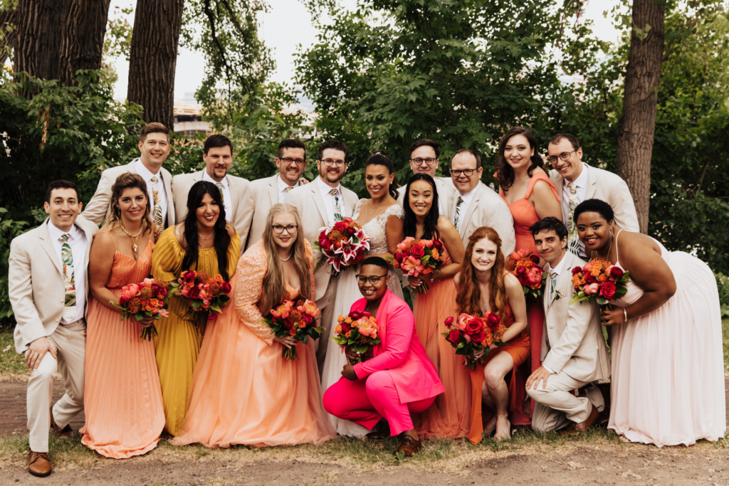 wedding party bright colors tropical theme wedding 
