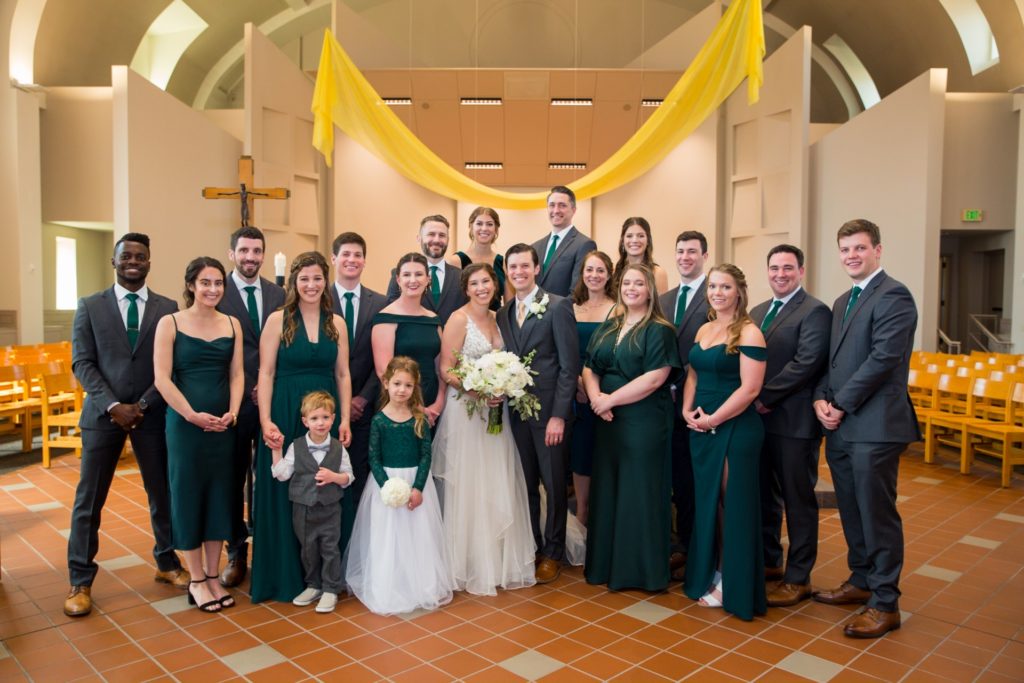 wedding party church ceremony emerald green