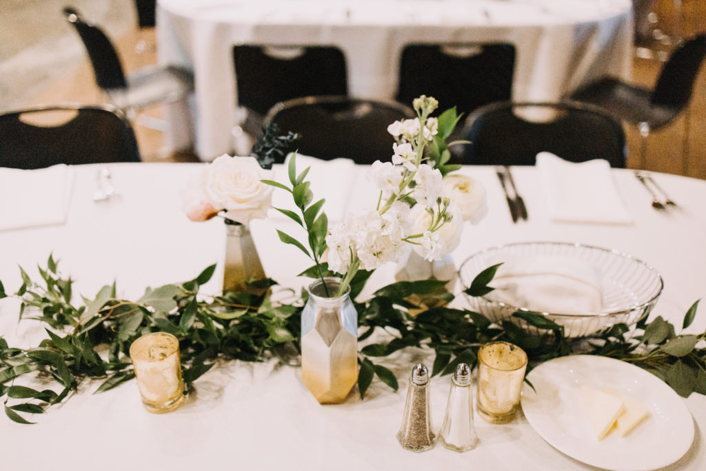 classic wedding decor white with greens and gold 