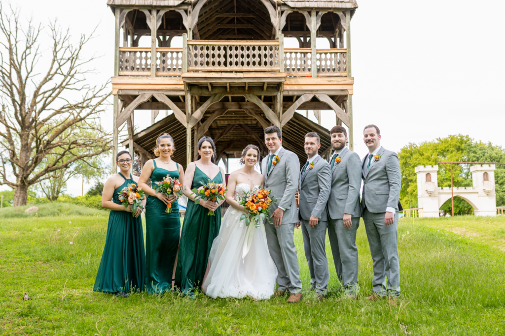 renaissance festival wedding party gray suits and green dresses