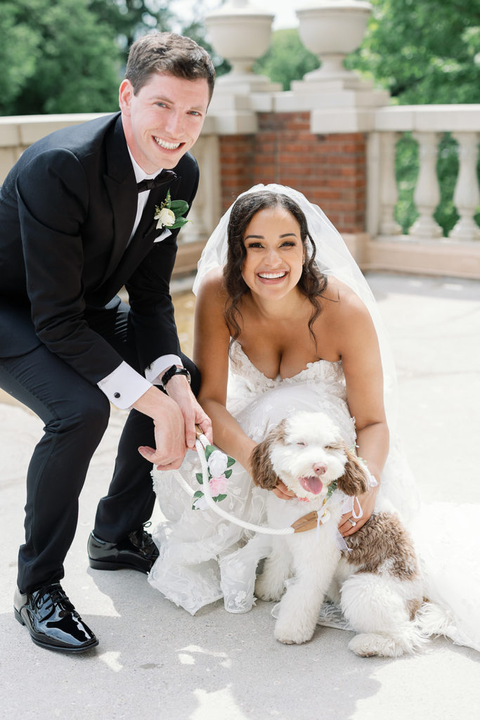 bride and groom with dog of honor