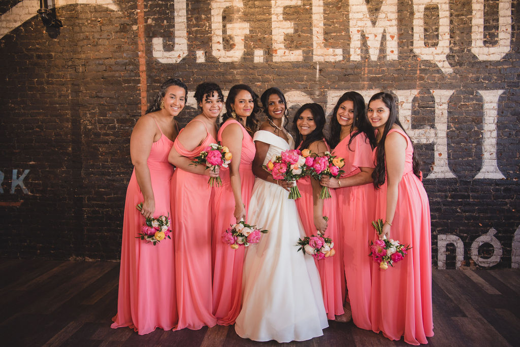 bridesmaids pink dresses colorful