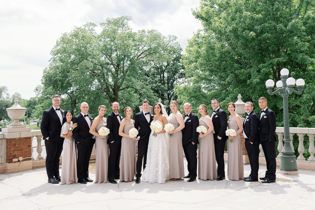 timeless wedding party group photo outside
