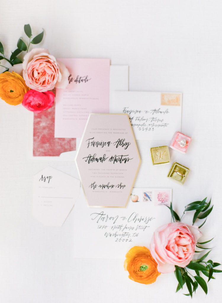 velvet and gold foil geometric wedding invitation suite 