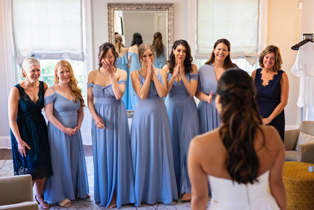 bridesmaids reaction first look with bride