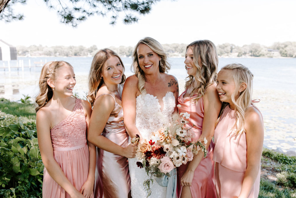bridesmaids pink dresses lakeside 