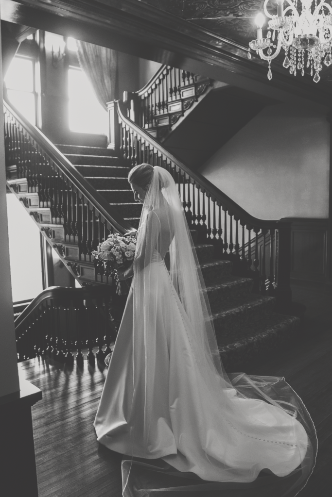 black-white-bridal-portrait-grand-stairway