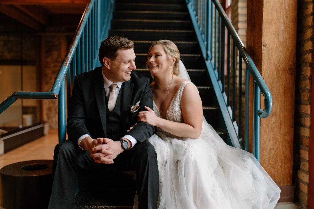 bride and groom portraits at colorful St Anthony main wedding