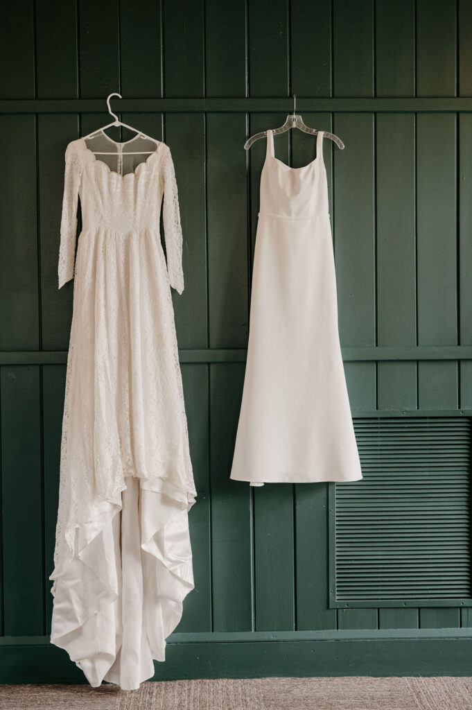 bride antique and modern dresses hanging at Theodore Wirth Chalet