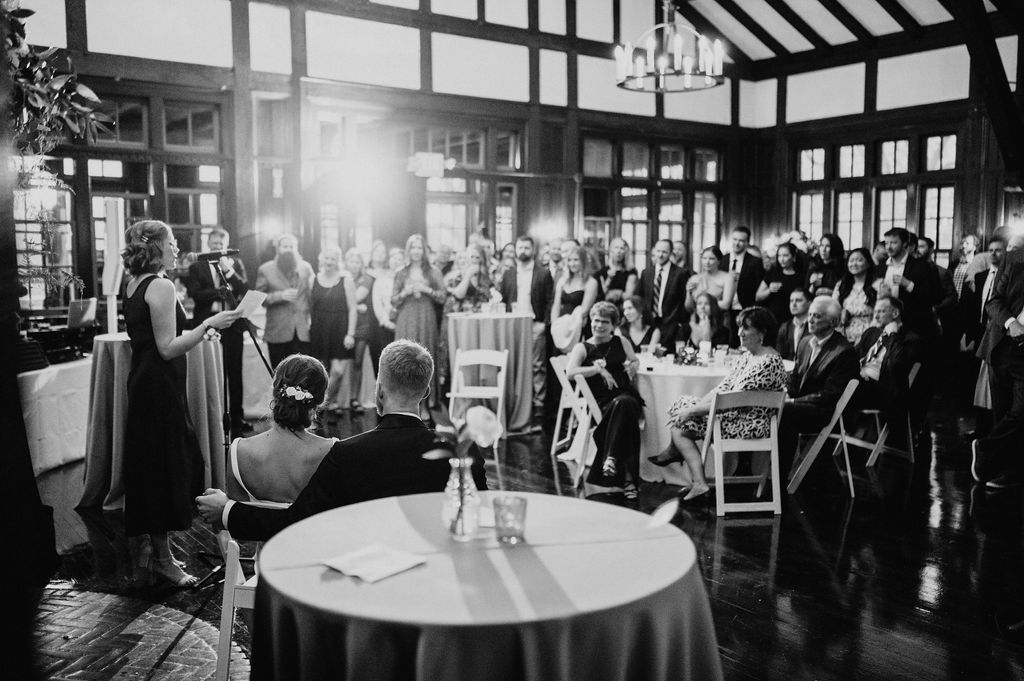 nontraditional casual wedding reception toasts at Theodore Wirth Chalet