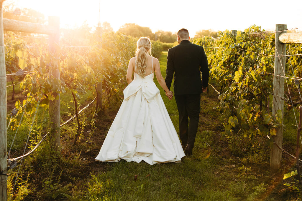 sunset wedding portraits in winery