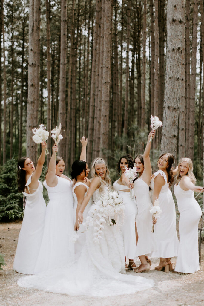bridesmaids white dresses group photo at Pinewood in MN