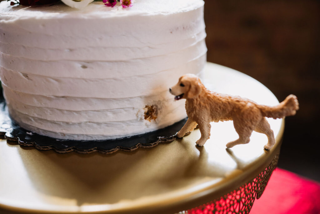 dog figurine eating wedding cake