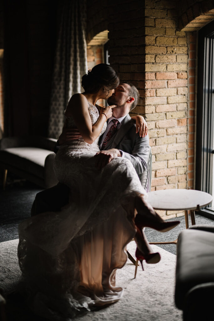 intimate wedding portrait bride and groom kiss at Essence Event Center