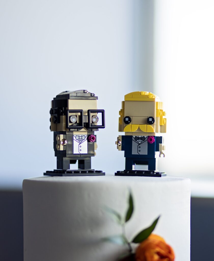 custom lego characters of grooms for wedding cake topper