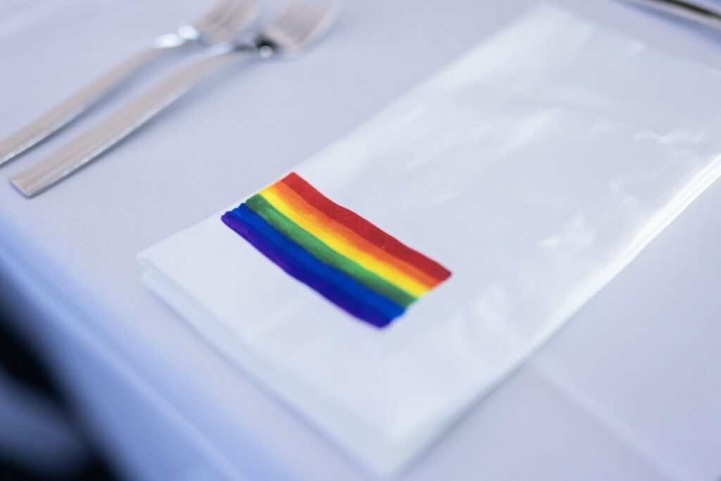 rainbow pride detail on wedding napkin at walker art center wedding