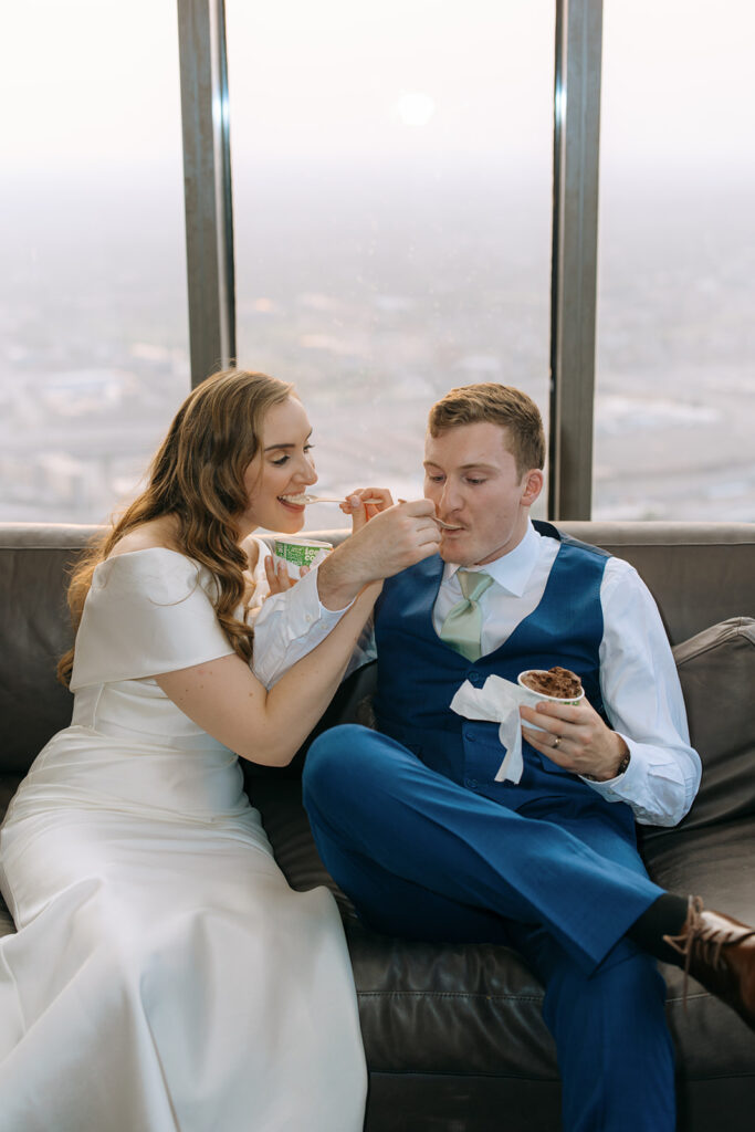couple eating ice cream at downtown minneaplis wedding