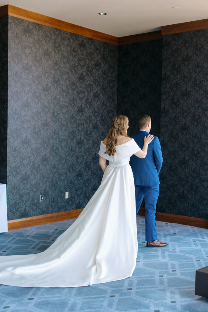 Bride and groom first look at downtown Minneapolis wedding