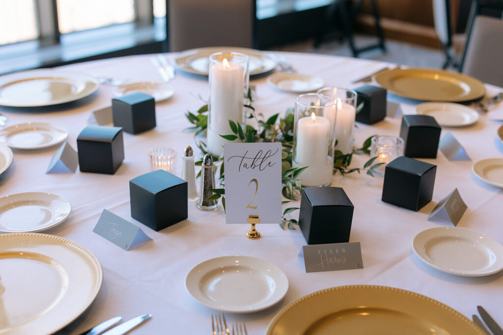 elegant tabletop decor at wedding reception at downtown Minneapolis wedding
