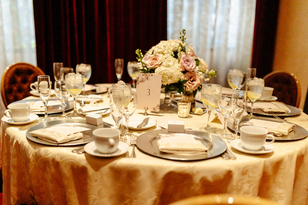 elegant pink tablescape at Saint Paul Hotel wedding reception