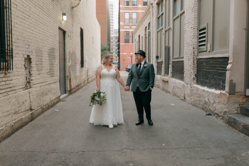 bride and groom alleyway portrait Minneapolis