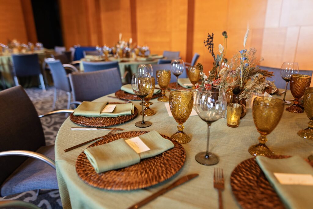 tropical fall wedding reception decor at Minneapolis Institute of Art