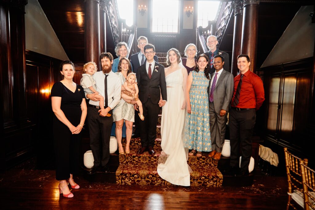 wedding family portrait on grand staircase at Semple Mansion