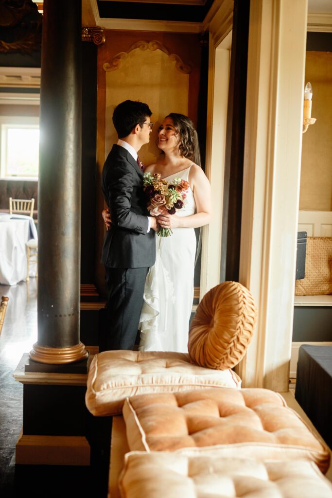 bride and groom portrait in historic Semple Mansion