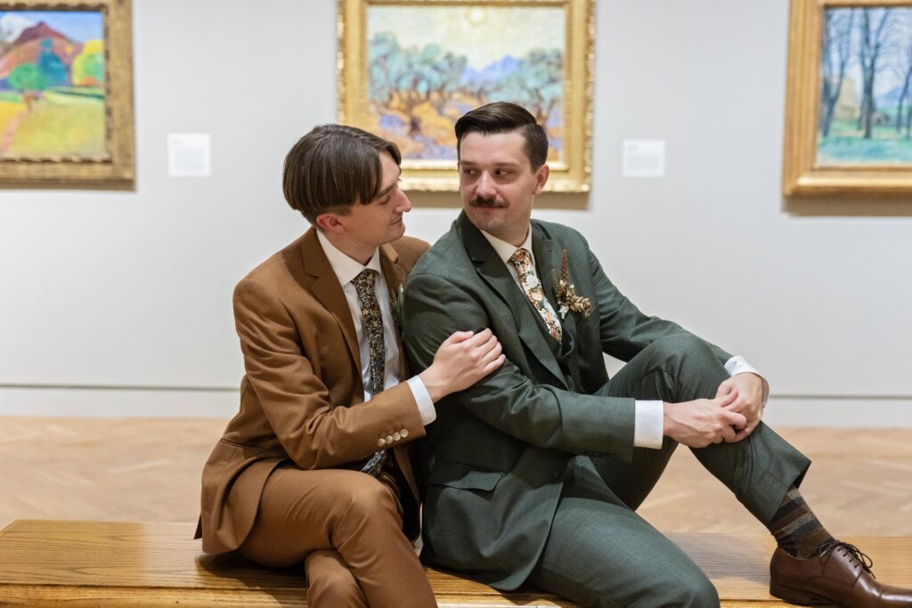 grooms portraits in gallery at Minneapolis Institute of Art