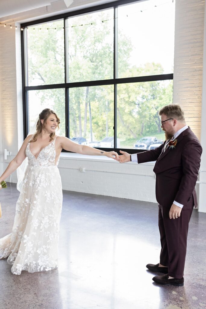 bride and groom first look spin