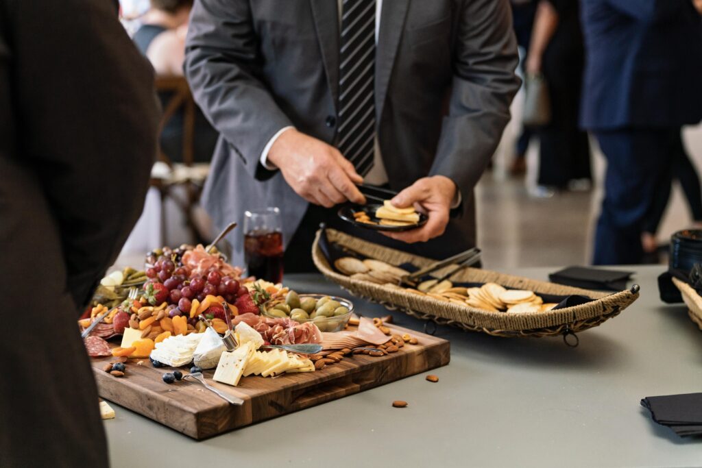 charcuterie board from fork and flair at wedding