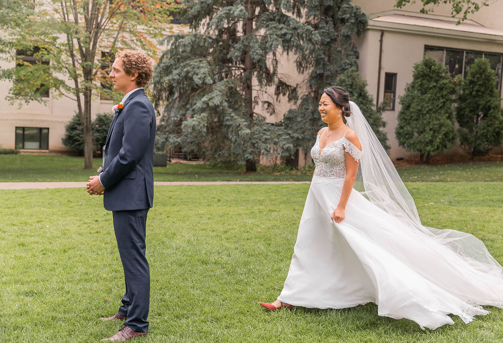 bride and groom first look outside at Minneapolis Institute of Art