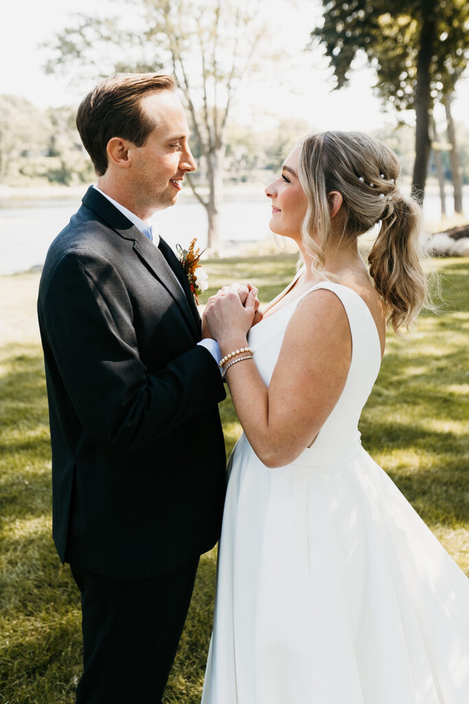 bride and groom portrait face to face at Leopold’s Mississippi Gardens 