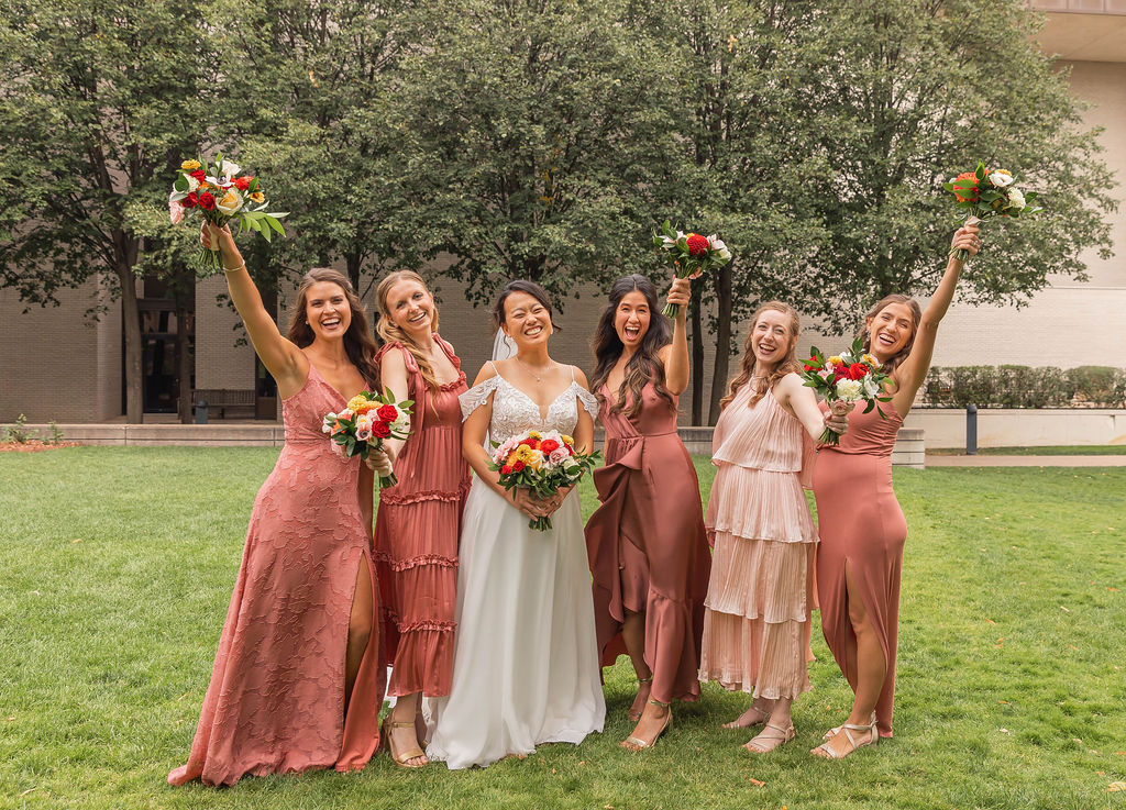 bridesmaids photo in pink mauve dresses