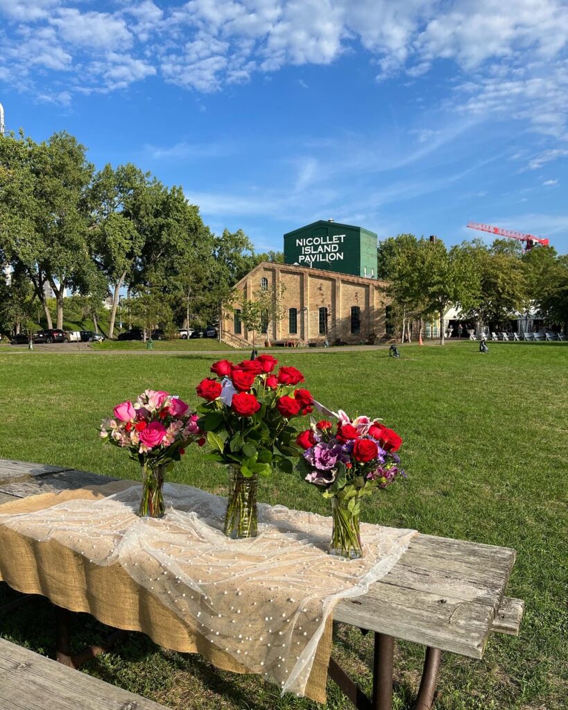 Engagement picnic setup at Nicollet Island Pavilion