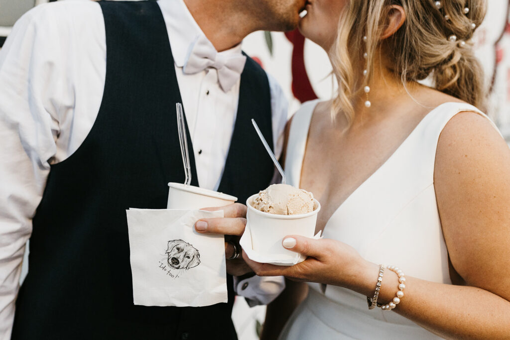 wedding reception ice cream dessert with custom napkins