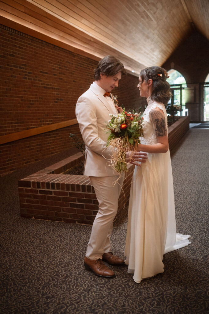 Bride and groom first look at Trinity Lutheran Church