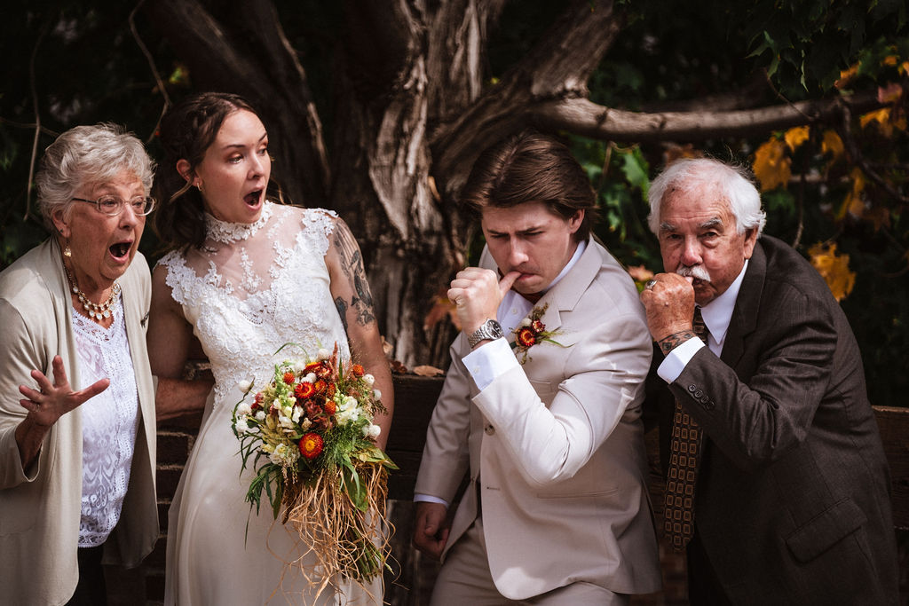 Funny group wedding photo with family