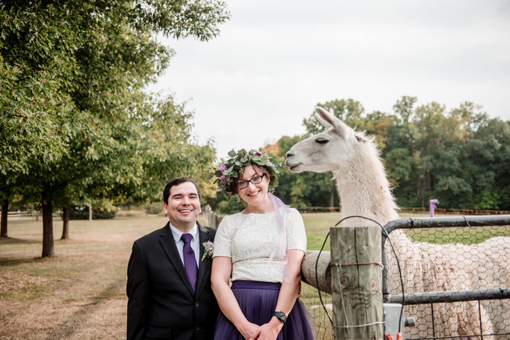 Bride and groom portrait with llama