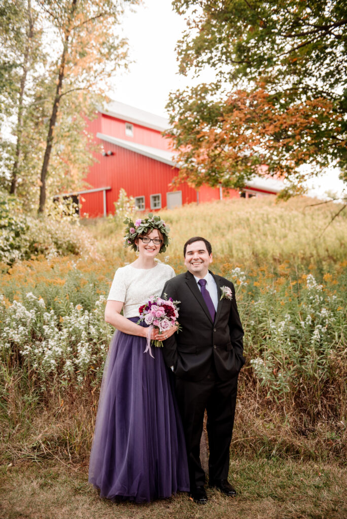 purple wedding attire for fall farm wedding