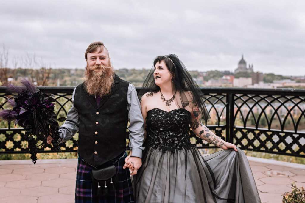 spooky wedding couple portrait outside in Saint Paul 