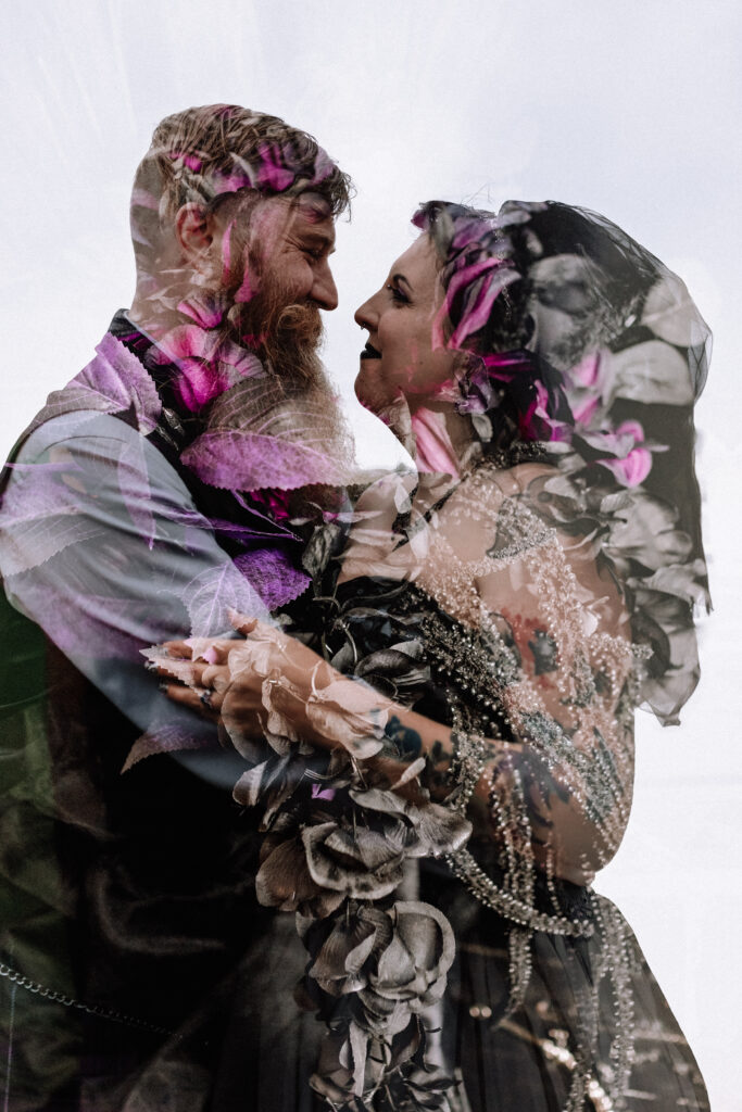 Unique wedding couple portrait edit with floral overlay