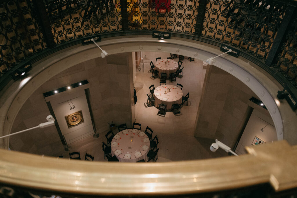 top view of wedding reception guest tables at art museum wedding