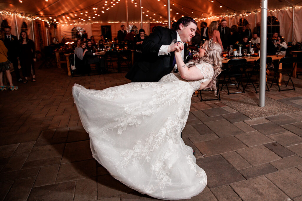 bride and groom first dance at October wedding at The Gardens