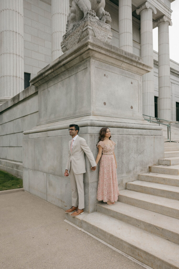 bride and groom first look outside of museum