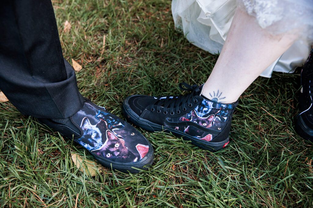 bride and groom matching custom shoes with pet cat on them