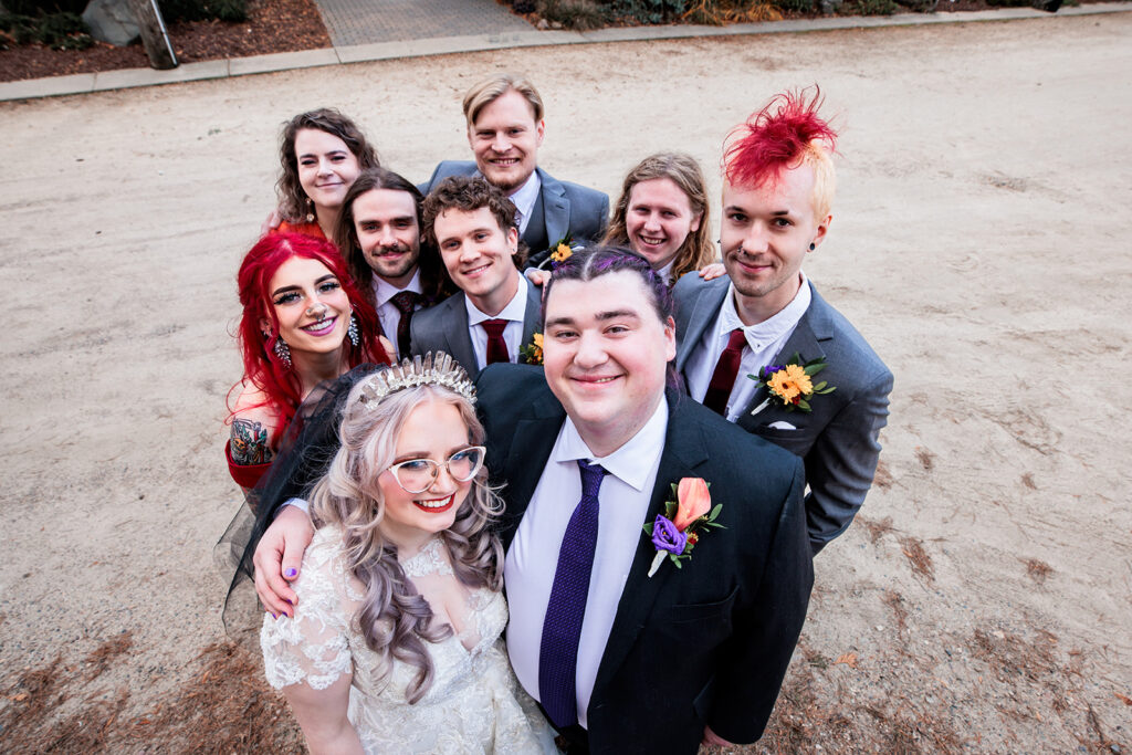 fun wedding party photo at casual October wedding