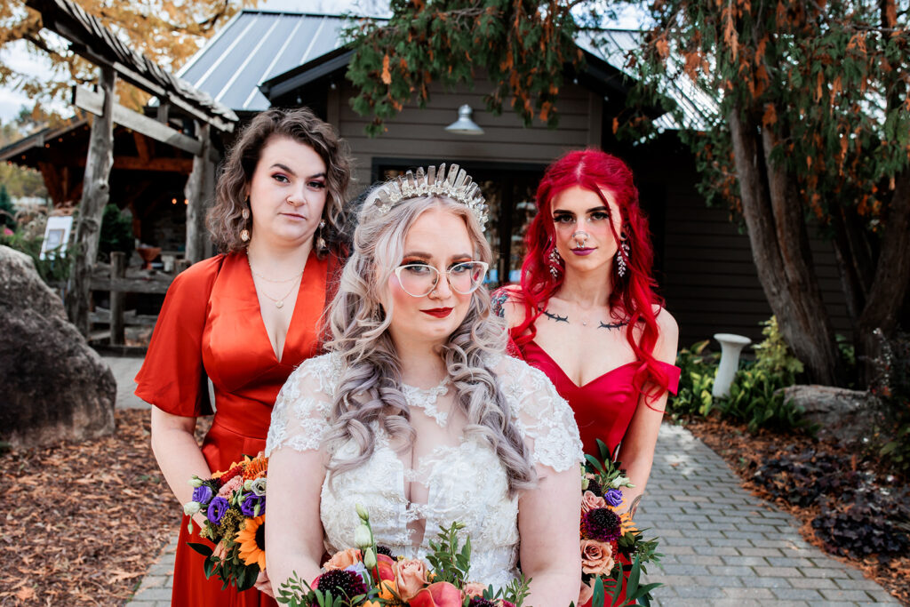 Bridesmaids group photo in red dresses